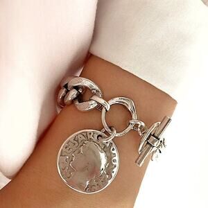Silver Caesar Coin Charm Bracelet with Toggle Clasp Cuban Chain Link